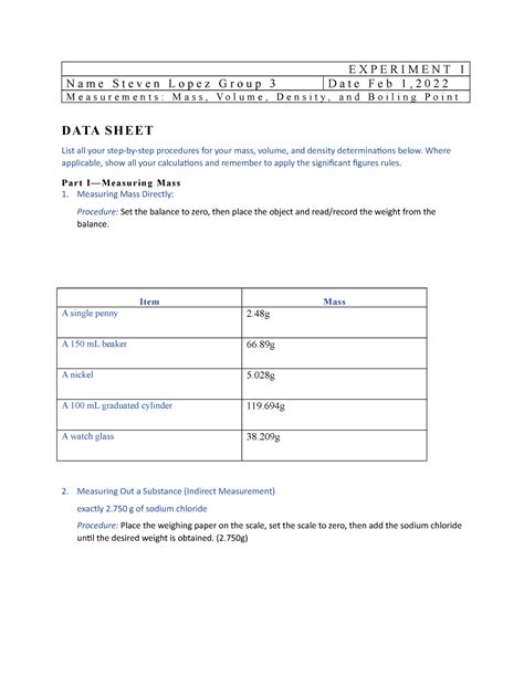 Chm1045 L Experiment 1 Data Sheet E X P E R I M E N T 1 N A M E S T E