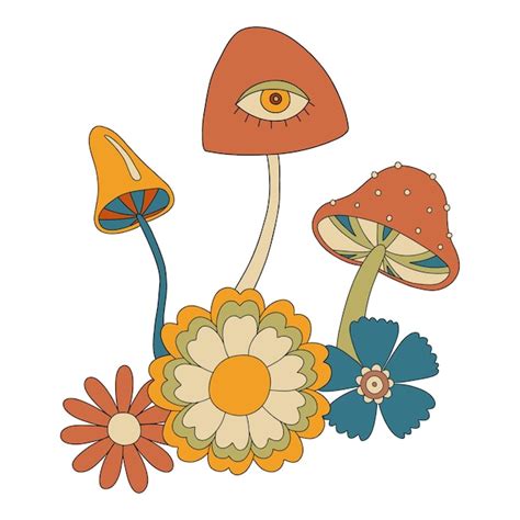 Premium Vector Retro Hippie Mushrooms And Flowers In S S Retro