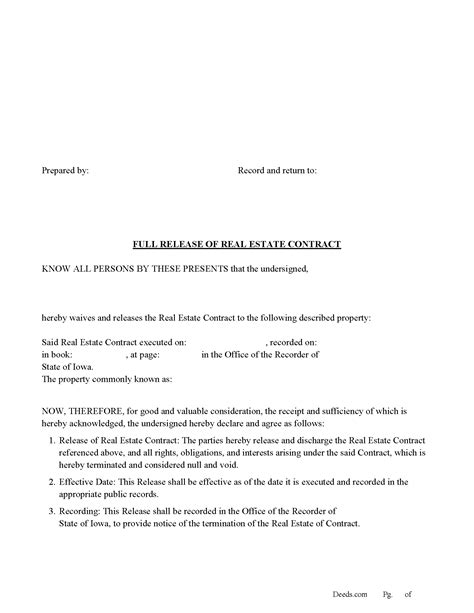 Wayne County Full Release of Real Estate Contract Form | Iowa | Deeds.com