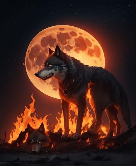 Premium AI Image | a dark wolf stay in under the moon on fire