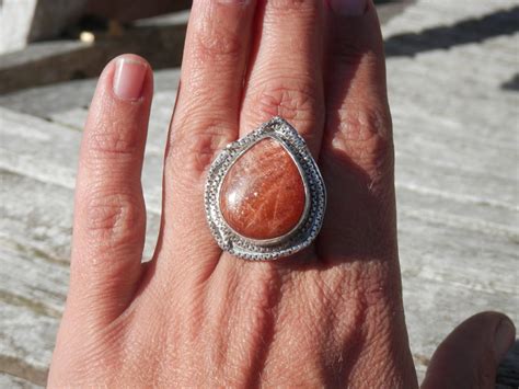 Grosse Bague Pierre De Soleil V Ritable Argent Massif Ajustable