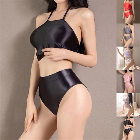 Elegant Black Satin Halter Top With Matching G String Sexy Lingerie Set