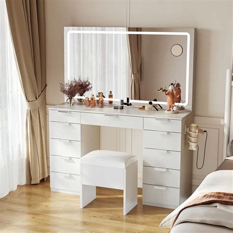 Yitahome Modern White Wood Top Makeup Vanity Desk Set With Led