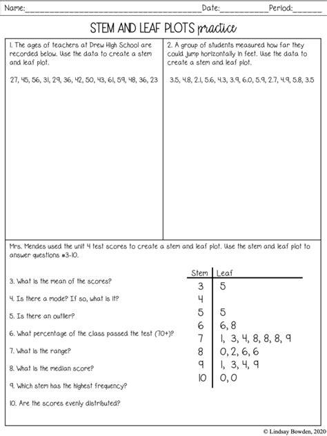 Stem And Leaf Plots Notes And Worksheets Lindsay Bowden