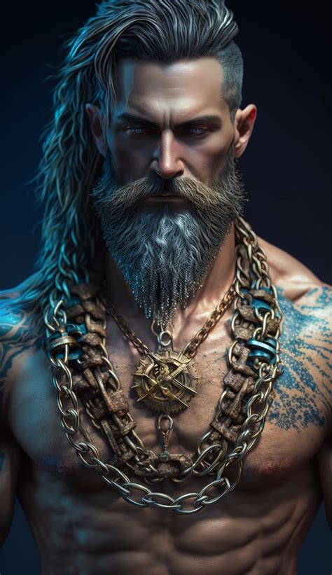 An Image Of A Man With Chains Around His Neck And Chest Wearing A Beard