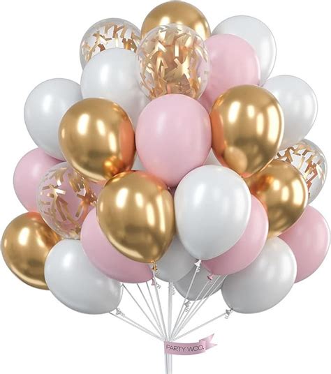 60 Pcs Pink Balloons Metallic Gold Confetti White Party Latex Balloons ...