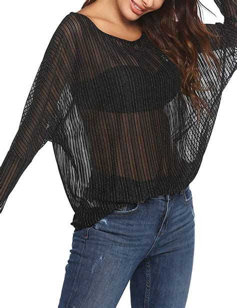 Zeagoo Women S Sheer Tops Long Sleeve Mesh Shirt See Through Crochet