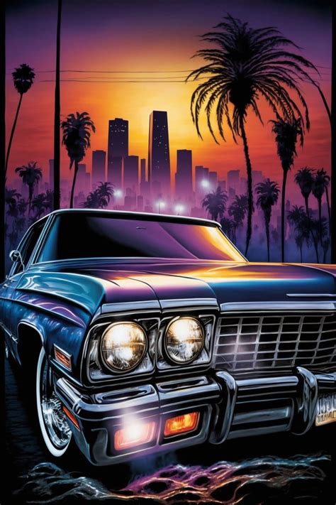 an old car is parked in front of palm trees and the city skyline at sunset