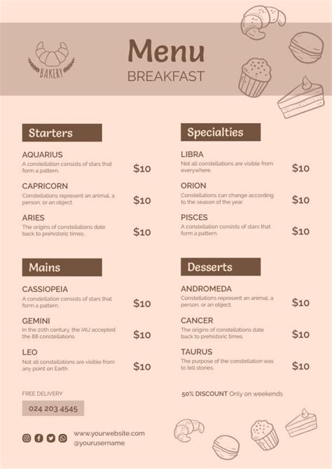 Design And Get This Linear Sweet Breakfast Free Delivery Bakery Menu