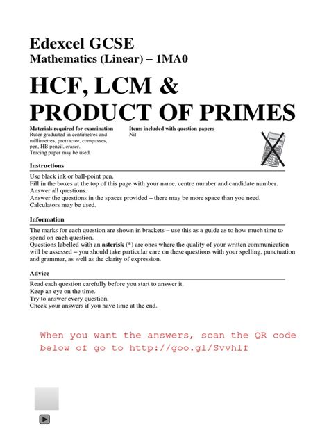 Gcse Exam Topic Hcf Lcm Product Of Prime Factors Questions Grade C Factorization