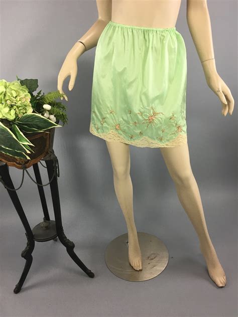 Vintage 1960s Embroidered Half Slip Green Silk Lace Trim Mini Etsy