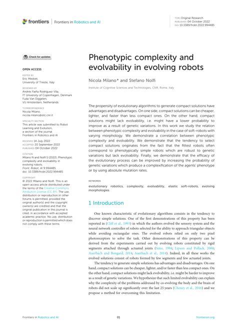 Pdf Phenotypic Complexity And Evolvability In Evolving Robots