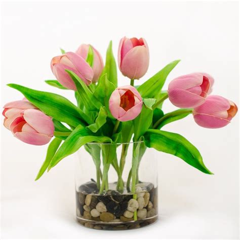 Real Touch Pink Tulip Arrangement Round Vase Tulips Arrangement Pink