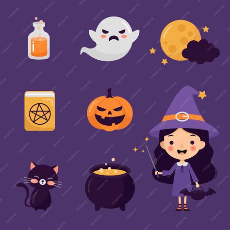 Premium Vector Cute Halloween Witch And Element Collection With Flat Design