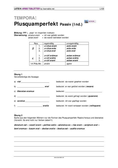 Latein Plusquamperfekt Passiv Indikativ Unterrichtsmaterial Im