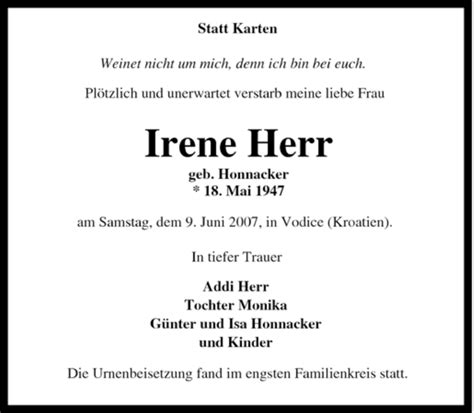 Traueranzeigen Von Irene Herr Trauer In NRW De