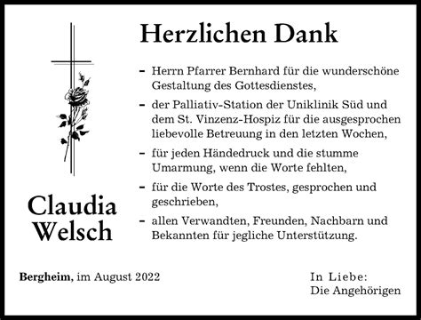 Traueranzeigen Von Claudia Welsch Augsburger Allgemeine Zeitung