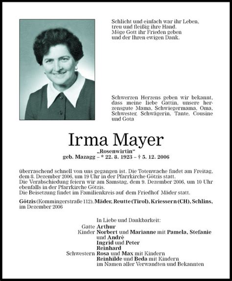 Todesanzeigen Von Irma Mayer Todesanzeigen Vorarlberger Nachrichten