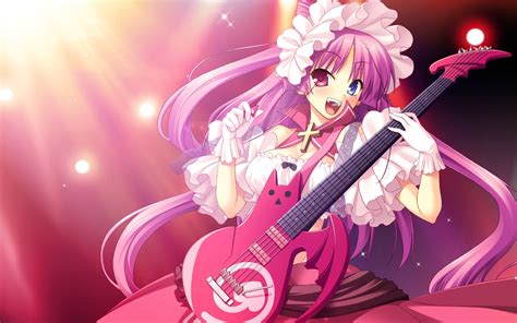 Purple Haired Female Anime Character Holding Guitar HD Wallpaper