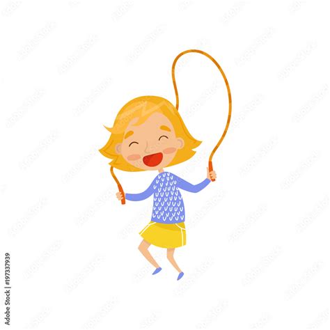 Smiling Little Girl Jumping With Skipping Rope Cute Cartoon Character