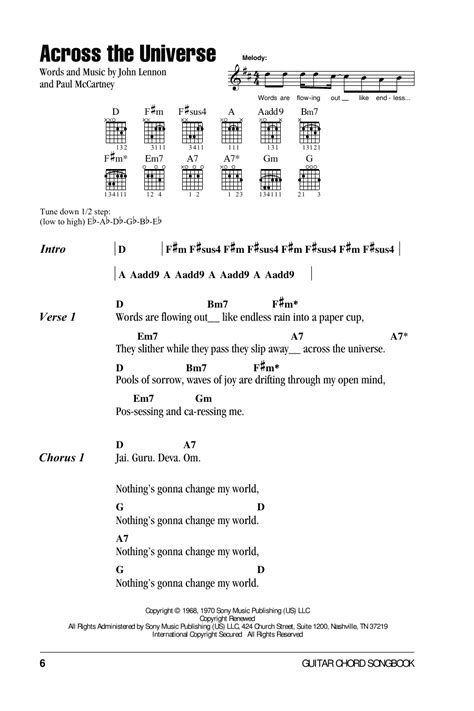 Across The Universe By The Beatles Sheet Music For Guitar Chords Lyrics