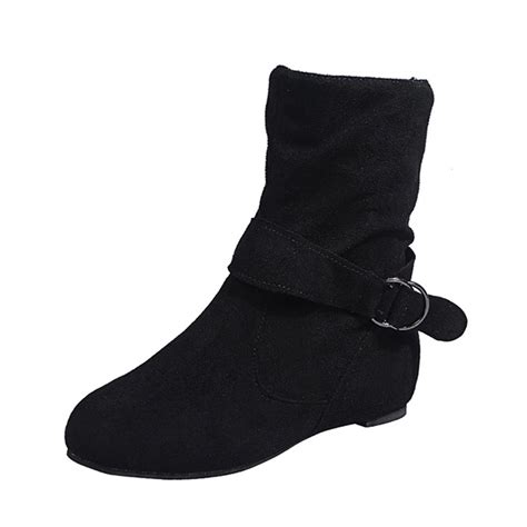 Penkiiy Womens Low Heel Slouch Suede Slip On Casual Ankle Boots With Ring Buckle And Side Zipper