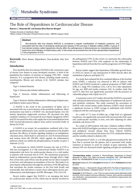 Pdf The Role Of Hepatokines In Cardiovascular Disease