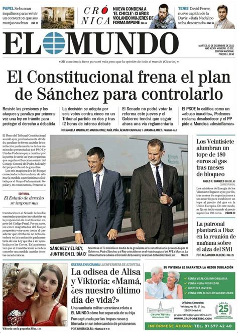 Portada Del Diario El Mundo Del Día 20122022 News Europa