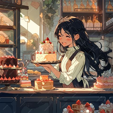 Premium Photo Anime Girl Holding A Tray Of Cakes In A Bakery Generative Ai