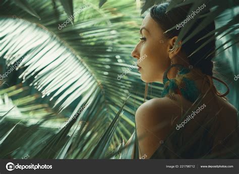 Portrait Exotic Woman Naked Shoulders Big Earrings Soft Feathers Touching Stock Photo By
