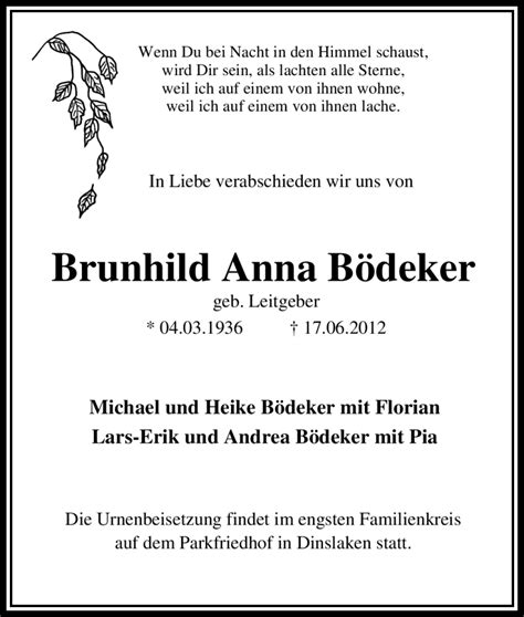 Traueranzeigen Von Brunhild Anna B Deker Trauer In Nrw De