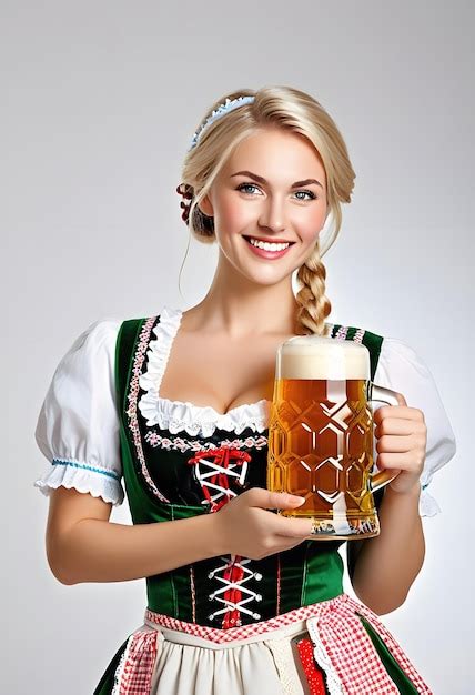 Beautiful German Blonde Girl Holding Beer Mug Pint In Traditional Bavarian Dirndl Premium AI