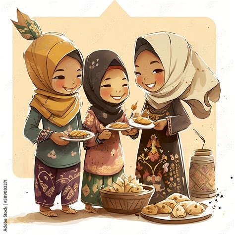 girls celebrating hari raya Stock Illustration | Adobe Stock