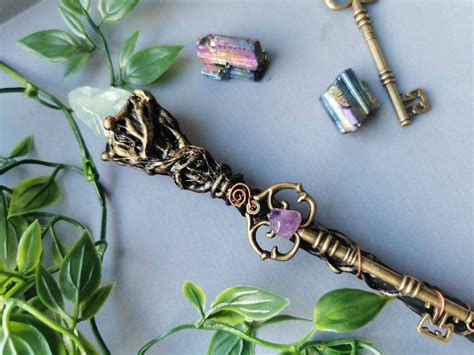 Green Fae Witch Wand Wooden Wand Green Calcite Altar Wand Gothic