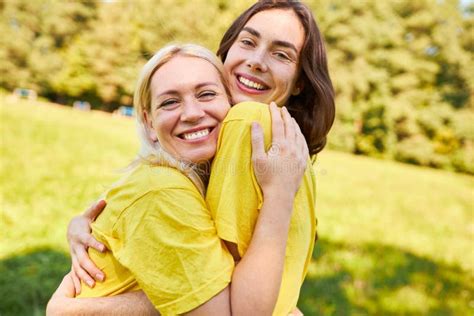 Two Women As Best Friends Hug Each Other Happily Stock Image Image Of