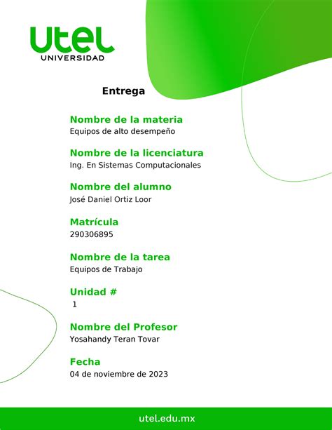 Tarea 1 Equipo DE ALTO Desempeño Entrega Nombre de la materia Equipos