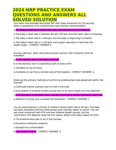 Nrp Practice Exam Questions And Answers All Solved Solution