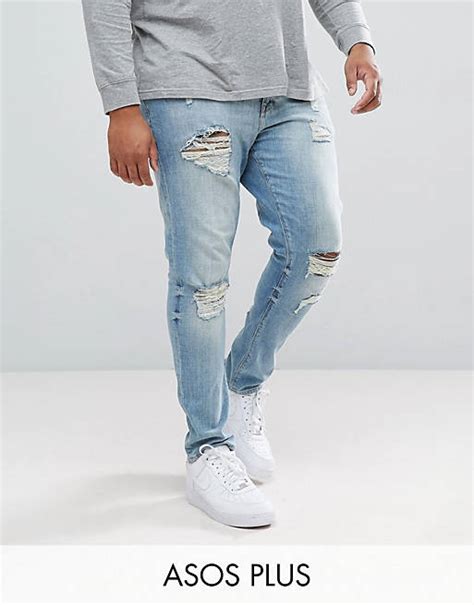 Asos Design Plus Skinny Jeans In Light Wash With Heavy Rips Asos