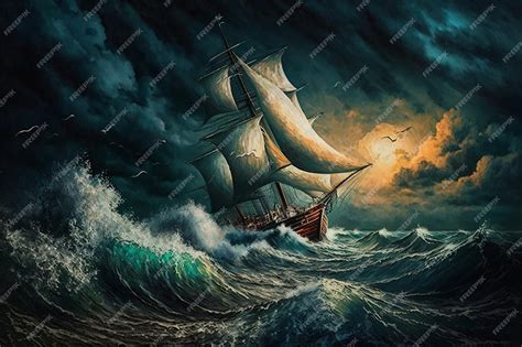 Premium Photo A Painting Depicting A Sailboat In A Stormy Sea Ai