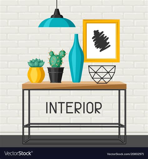 Interior home decor table with vases and picture Vector Image