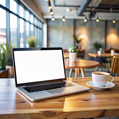 Laptop With Blank White Screen On Table And Workspace In Office