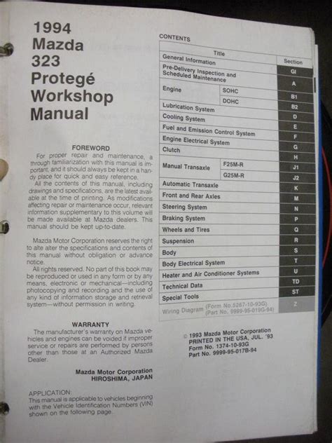 Sell 1994 Mazda 323 Protege Workshop Manual In Sierra Vista Arizona