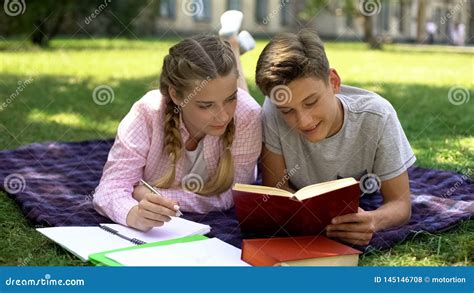 Students Studying Lying On Plaid In Park Reading And Making Notes