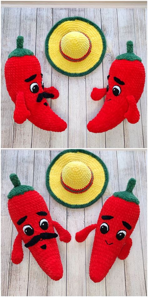 CROCHET PATTERN Hot Chili Pepper In Sombrero Hat Amigurumi Mexican Pepper With Eyes Mustache