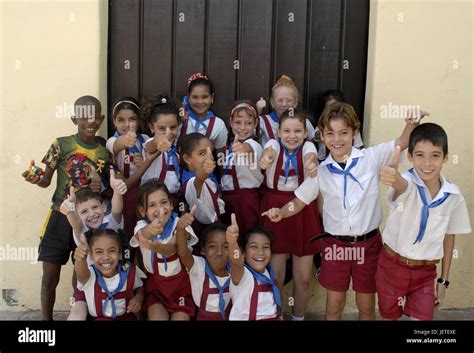 Cuba Camagüey School Children Happily Group Picture The Caribbean