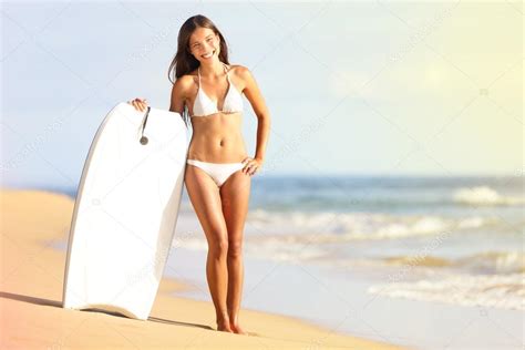 Surfer Bikini Woman On Beach Smiling With Surfboard Stock Photo By