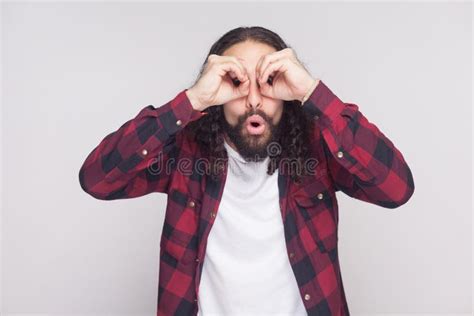 Portrait Of Amazed Handsome Man With Beard And Black Long Curly Stock Image Image Of Funny