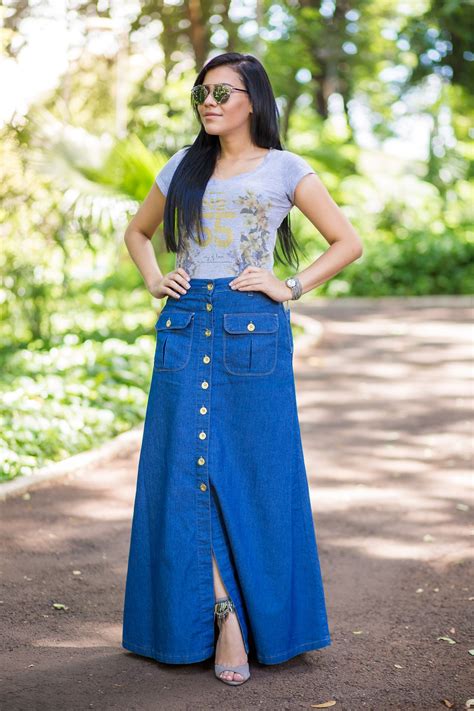 Look Do Dia Saia Longa Jeans Dyork Saia Longa Roupas Saias