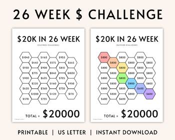 Save 20K In 26 Weeks Bi Weekly Savings Challenge Printable Money Tracker