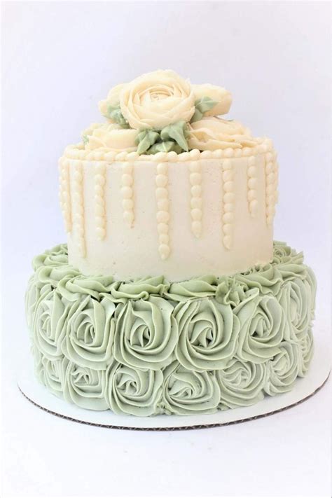 Beautiful Sage And Ivory Tiered Wedding Cake With Buttercream Roses